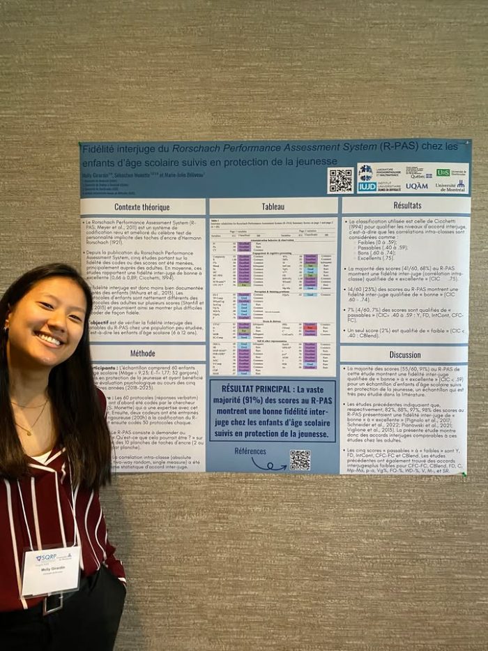 Félicitation à Melly Girardin pour sa présentation par affiche au congrès de la Société Québécoise pour la Recherche en Psychologie (SQRP), qui s’est tenu au Manoir St-Sauveur.
Le sujet était la fidélité inter-juge du Rorschach Performance Assessment System (R-PAS) auprès d’un échantillon d’enfants suivis en protection de la jeunesse. 
L’hyperlien de son affiche : https://www.researchgate.net/publication/391653430_Fidelite_interjuge_du_Rorschach_Performance_Assessment_System_R-PAS_chez_les_enfants_dage_scolaire_suivis_en_protection_de_la_jeunesse